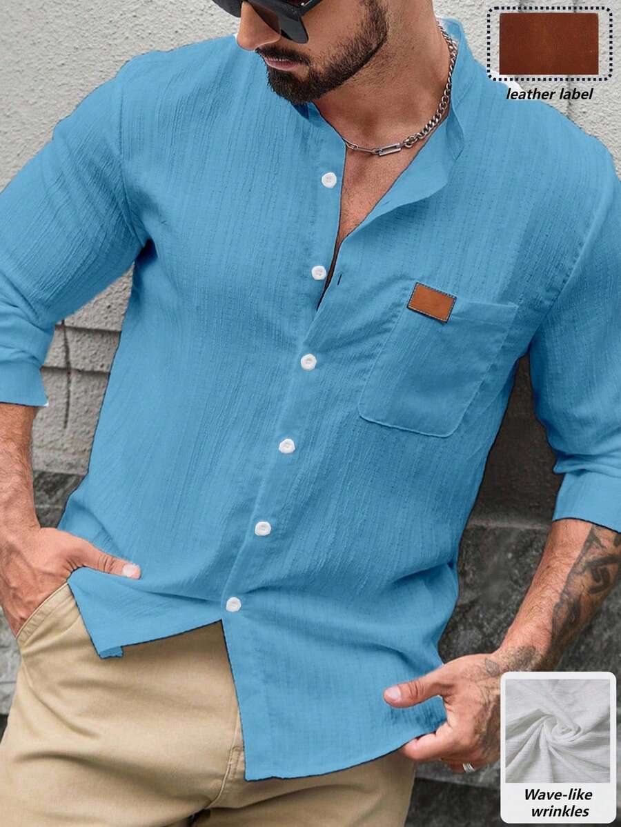 Manfinity CasualCool Men's Skyblue Cotton Shirt,Summer Casual Solid Color Vacation Shirts,Beach Holiday,Vintage Hawaiian Style,Versatile Top For Semi-Formal - Blue - View 1