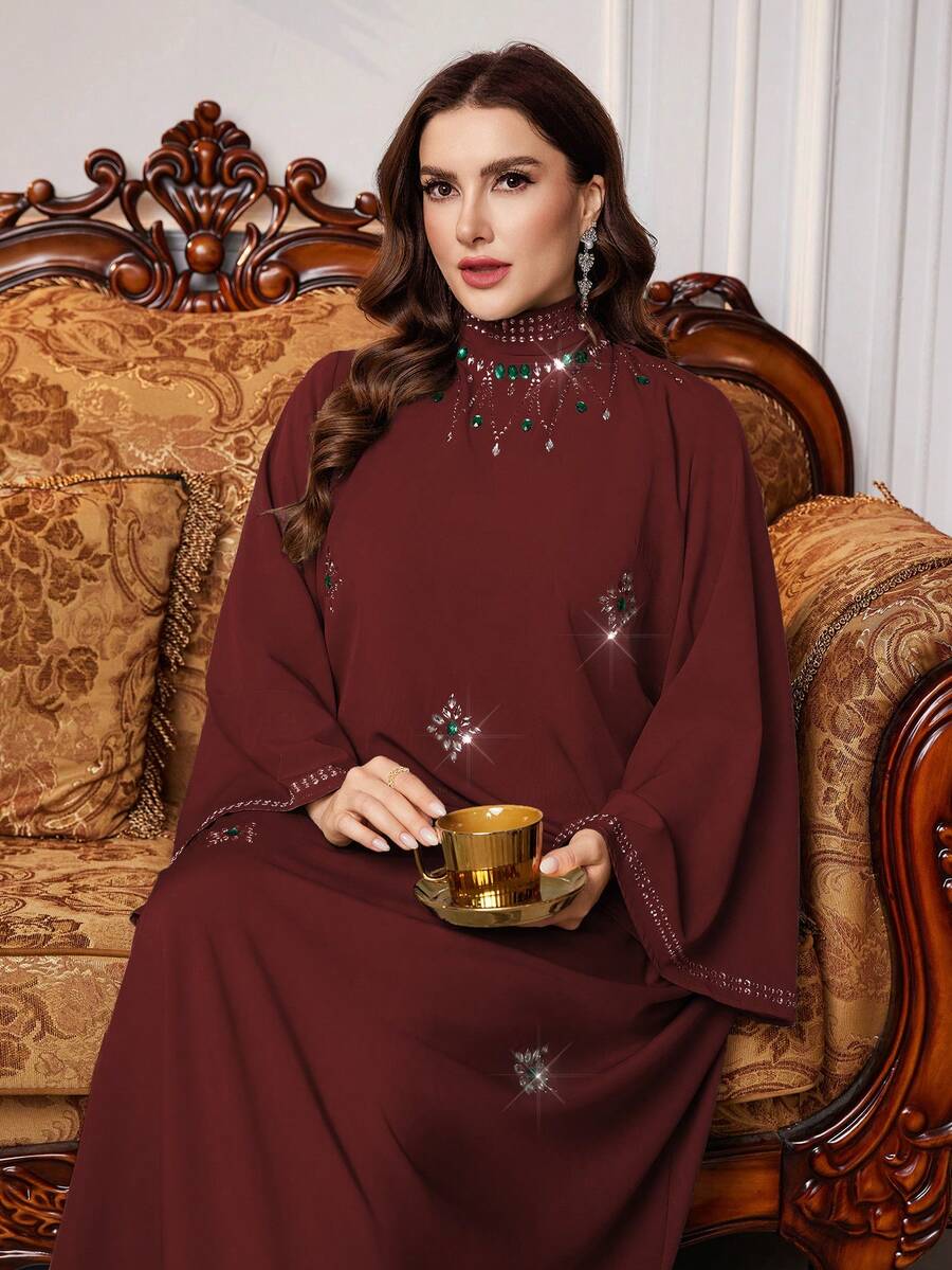 Al Najma 大码女士优雅奢华纯色长袖闪亮水钻装饰时尚土耳其长裙