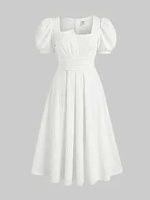 SHEIN Serisse Kids 少女优雅休闲街头提花纹理方领泡泡袖连衣裙，白色，春夏款 - 白色 - 查看 2