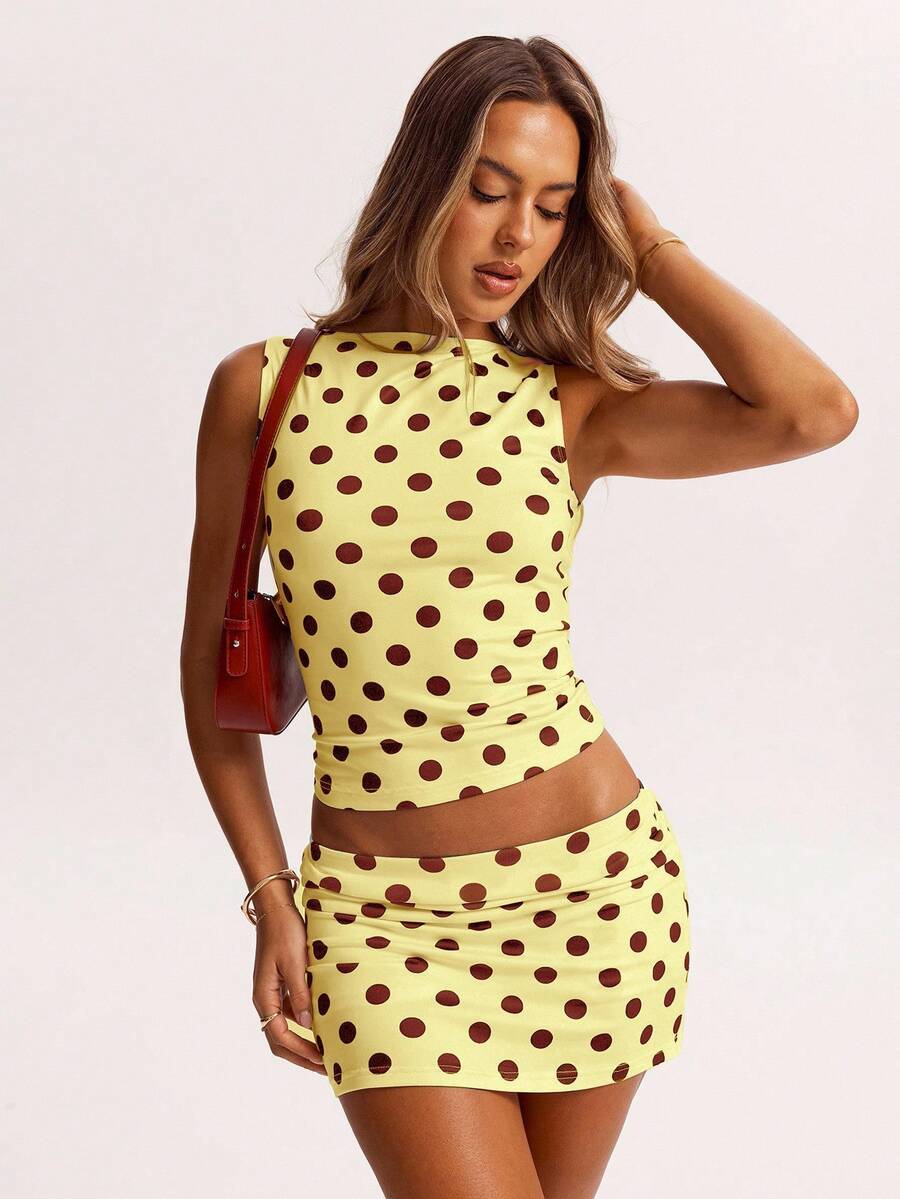 SHEIN BAE Áo gile trễ vai đơn giản, họa tiết chấm bi đỏ trắng mùa hè thích hợp cho dạo phố, kỳ nghỉ biển, kỳ nghỉ ở Ý, đi làm, kỳ nghỉ ở miền Nam nước Pháp, trang phục đi nghỉ mát trên đảo, trang phục tuần trăng mật cho nữ. - Màu vàng - Xem 1