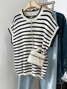 Franclia Regular Length Plus Size Casual French Style Black And White Striped Striped Knit Batwing Sleeve Top Everyday Summer - Black - View 1