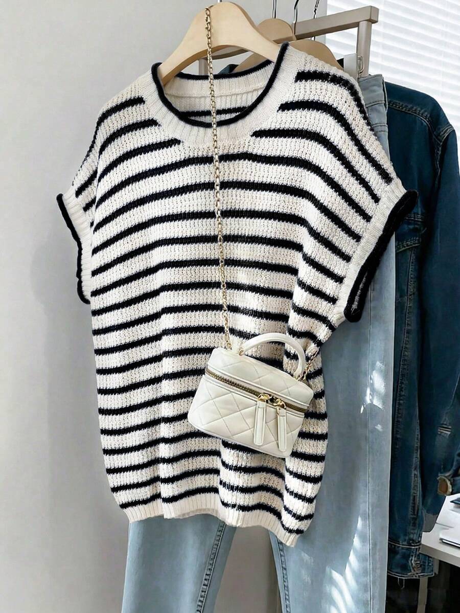 Franclia Regular Length Plus Size Casual French Style Black And White Striped Striped Knit Batwing Sleeve Top Everyday Summer - Black - View 1