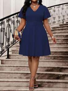 Elenzga Plus Size V-Neck Cinched Waist Spring Dress, Suitable For Party, Carnival, Birthday, Valentine's Day - Blue - View 3