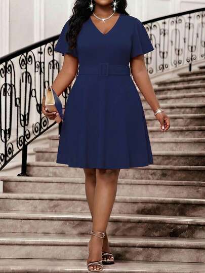 Elenzga Plus Size V-Neck Cinched Waist Spring Dress, Suitable For Party, Carnival, Birthday, Valentine's Day
