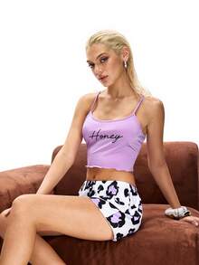Rest Era Letter Graphic Lettuce Trim Cami Top & Leopard Print Shorts PJ Set / Pajama Set - Purple - View 1