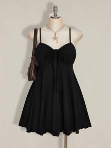 SHEIN ICON Đầm hai dây xếp ly đơn giản, màu trơn, dáng casual dành cho nữ, cỡ lớn. - màu đen - Xem 4