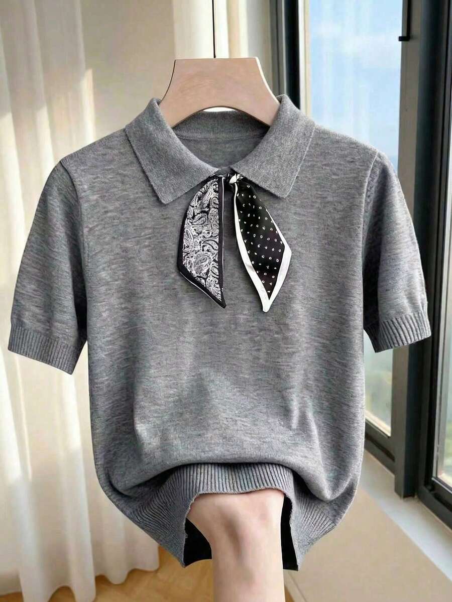 Franclia New Spring/Summer Casual Minimalist Round Neck Sleeveless Top, Featuring Paisley Print, Polka Dot Patchwork, French Elegant Style, Cropped Silhouette, Optimized Proportions, Suitable For Dresses Or Pants, Relaxed Fit, Ribbed Trim At Sleeve Cuffs And Neckline, Color Blocking Bow Design - Grey - View 1