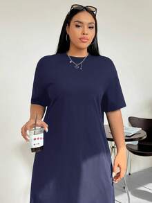SHEIN EZwear 夏季大码休闲纯色T恤裙 - 藏蓝色 - 查看 8