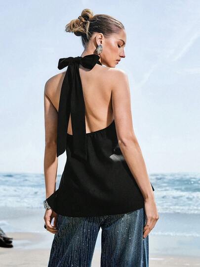 Chiquease Women's Black Linen Backless Spaghetti Strap Camisole