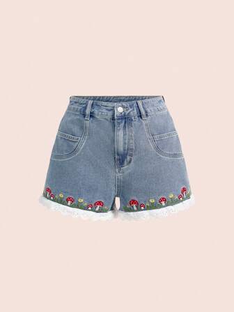 Nuovi shorts di jeans di mezza blu lavati da donna per l'estate, con design di ricamo floreale sulla parte anteriore, shorts di jeans alla moda e comodi per le signore