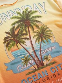 ROMWE Avant Women's Vacation Style Ombre Palm Tree Sunset Print Sheer Blouse - Yellow - View 4