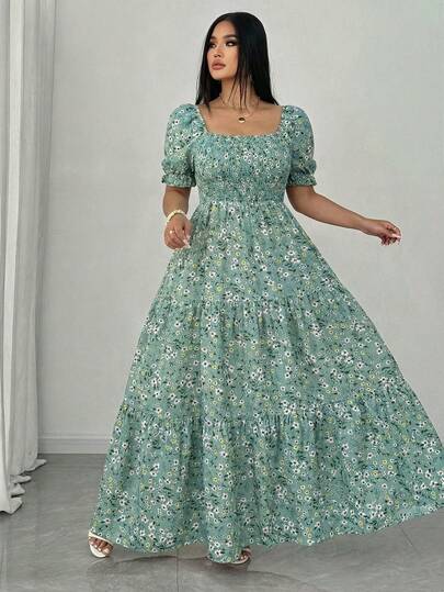 Elenzga Vestido casual de verano con estampado floral diminuto para tallas grandes