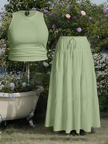 SHEIN EZwear Bộ đồ 2 món màu xanh bạc hà gồm áo tank top cổ tròn và chân váy midi, kiểu dáng thường ngày, cỡ lớn. - Màu xanh Bạc hà - Xem 1