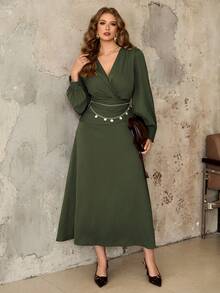 Roveilla Plus Size Women's Elegant Olive Green Autumn Formal Dress,Vintage Shirred Cinched Waist A-Line Long Sleeve Midi Dress,Ruffle Trim Retro Chic Gown - Army Green - View 7