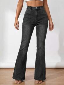 DAZY Women's Fashion Washed Pocket Flare Jeans - Black - View 6