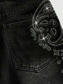 ROMWE MEN Quần short denim nam thêu hoa điều - màu đen - Xem 6