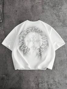 AXEPEAK 男士休闲十字架字母印花水钻T恤，夏季款 - 白色 - 查看 3