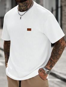 Manfinity CasualCool T-shirt à manches courtes à col rond, coupe ample, en tissu jacquard texturé, style décontracté INS. Cadeau pour petit ami/mari, cadeau d'anniversaire - Blanc - Voir 6