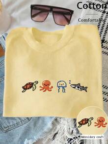 INAWLY 可爱海洋生物刺绣女式T恤 - 黃色 - 查看 3