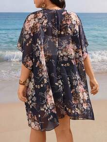EMERY ROSE Fashionable Casual Vacation Floral Print Chiffon Lightweight Cardigan Sunscreen Shirt - Navy Blue - View 2