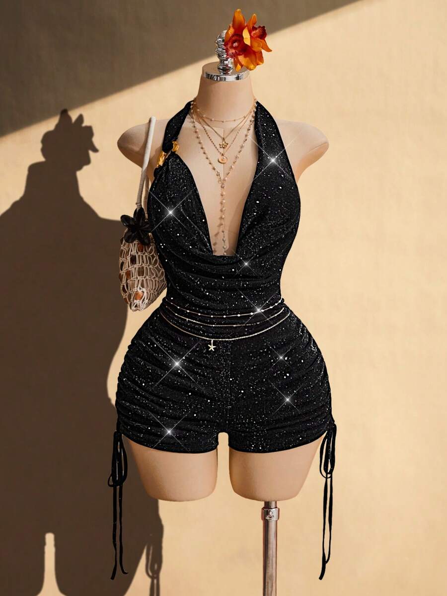 SHEIN ICON Mono de talla grande con unicolor, cuello halter, decoración metálica y espalda descubierta - Negro - Ver 1