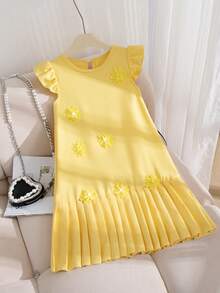 Elladie kids Young Girl Summer New Round Neck A-Line Mini Dress  With Ruffle Sleeves, Pleated Hem, Front Floral Decor, Back Keyhole Design, Casual Vintage Style Everyday Wear Girls Summer Dress Yellow Princess Dress Yellow Kids Dress - Yellow - View 4