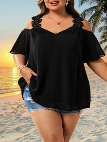 SHEIN CURVE+ Plus Size Women's Summer Vacation Casual Solid Color Off-Shoulder Short Sleeve Blouse - Black - View 7