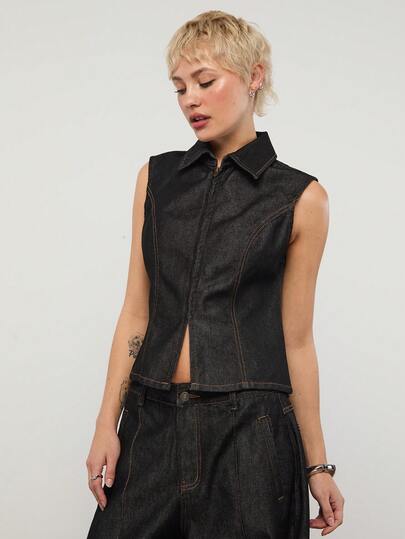 COUREZ Áo denim không tay, khóa kéo, màu wash nhạt / Phong cách Y2K mùa hè cho nữ, áo đen, áo không tay, trang phục mùa hè, trang phục đi chơi, trang phục lễ hội, trang phục đi xem hòa nhạc, áo phong cách Y2K.