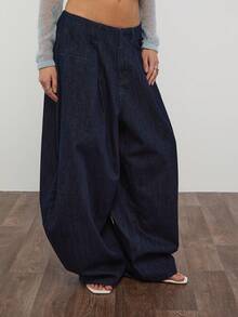 COUREZ 低腰宽松灯笼裤，水洗水洗，前褶设计 / Y2K 夏季女装 夏季女装 蓝色牛仔裤 超大牛仔裤 音乐节穿搭 演唱会穿搭 春季女装 - 黑色 - 查看 5
