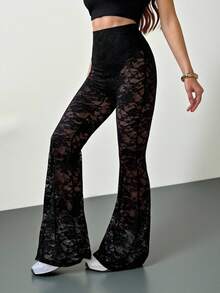 SHEIN Tall Women's Spring Sexy Retro Lace Lined Flared Pants - Black - View 8