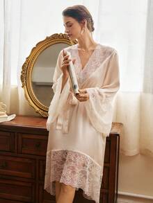 Côtesoire Elegant Vintage Mature Intellectual Loose Comfortable Brown Lace Patchwork Cross Collar Women's Nightgown, Suitable For Home Wear - Champagne - View 3