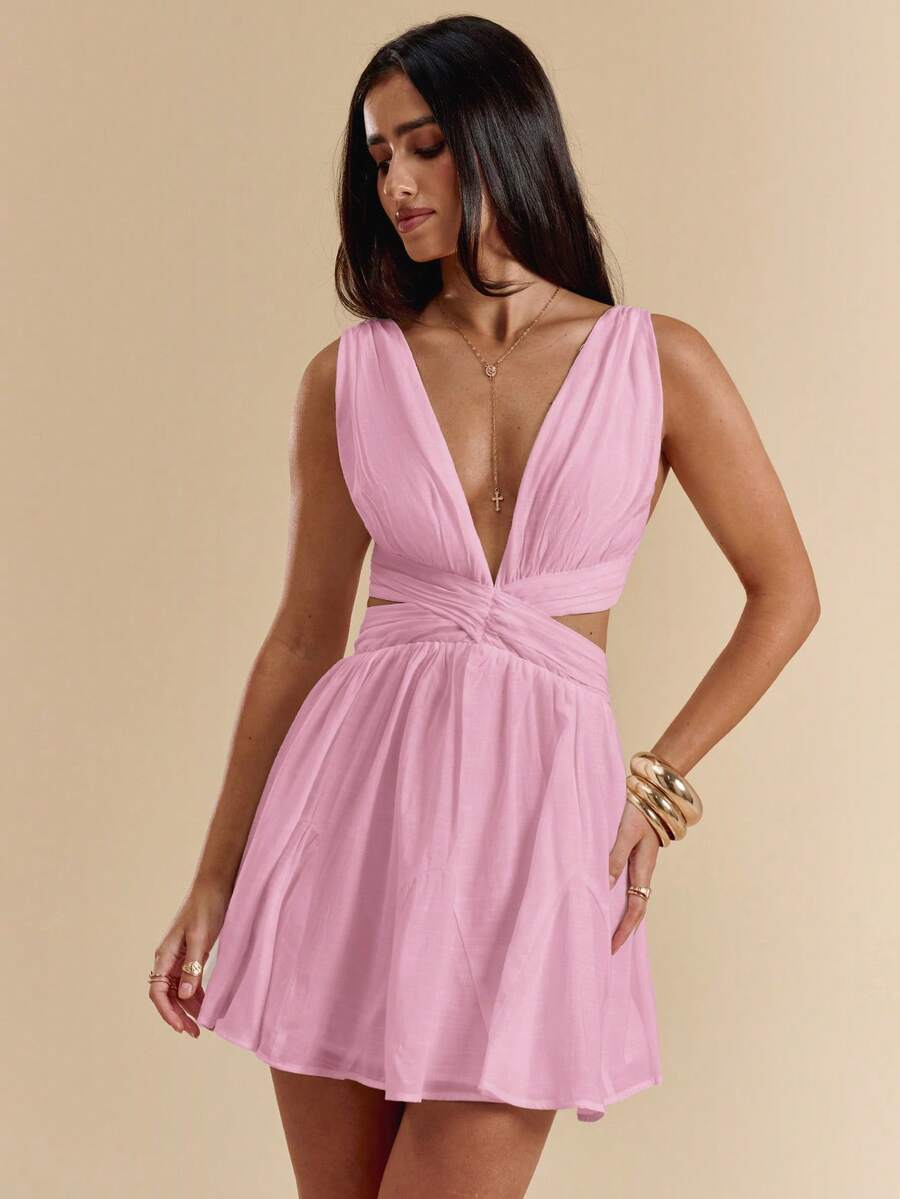 SHEIN BAE 白色雪纺V领露背系带迷你连衣裙，白色连衣裙，毕业礼服，度假连衣裙，春夏款 - 淺粉色 - 查看 1