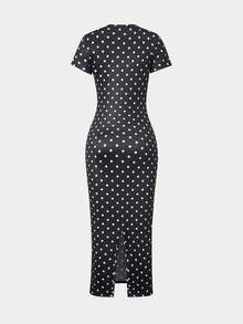 SHEIN Đầm ngắn tay dài đến đầu gối, phong cách tối giản, dễ phối đồ, dành cho các cô gái tuổi teen. - màu đen - Xem 2