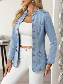 EMERY ROSE Plus Size Lapel Long Sleeve Double-Breasted Fashionable Versatile Denim Jacket - Blue - View 6