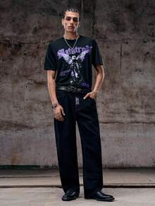 Skyrend Men Angel Letter Print Round Neck Short Sleeve Casual T-Shirt - Purple - View 3