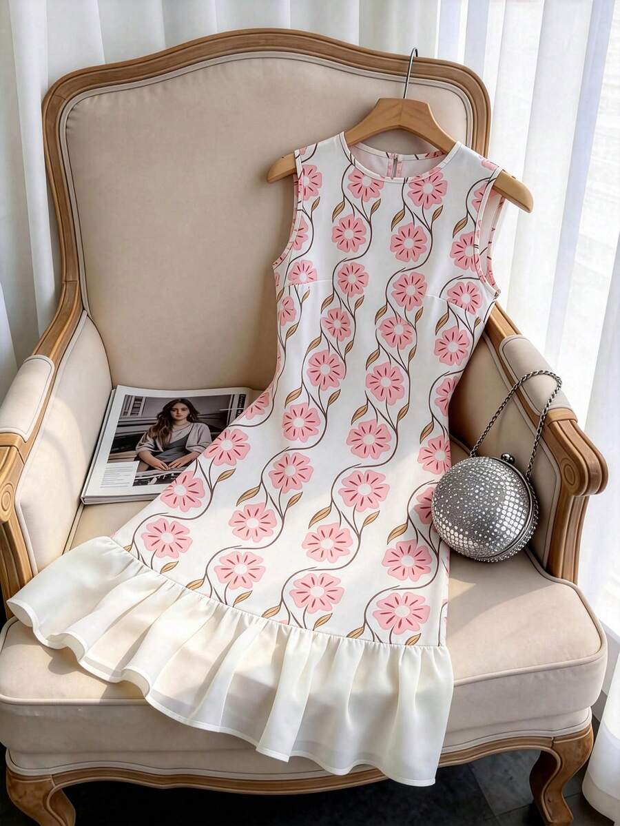 Đầm ngắn nữ kiểu dáng thường ngày, cổ tròn, không tay, viền bèo nhún, họa tiết hoa, thích hợp cho mùa hè. - Nhiều màu - Xem 1