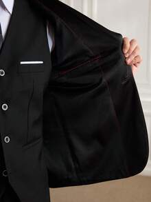 3 件男士时尚商务纯色修身弹力西装套装，包括西装外套、背心和裤子，工作正装西装 - 黑色 - 查看 10