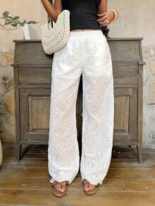 Serisse 女士度假休闲纯色镂空刺绣裤 - 白色 - 查看 6