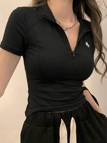 With My Calm With My Calm Women's Equestrian Sportswear, Elastic Comfortable Outdoor Sports Tops, Slim Fit Running Training Shirts - Black - View 4