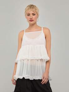 COUREZ Sheer Mesh Cami Layering Dress With Ruffle Hem Detail /Y2K Summer Clothes For Women White Dresses Summer Outfits Going Out Outfits Sheer Dresses Concert Outfits Spring Outfits For Women - White - View 4