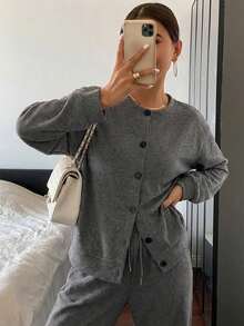 2pcs Minimalist Winter Fleece Knit Fabric Long Sleeve Top And Pants Cozy Pajama Set - Grey - View 4