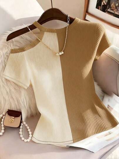 Franclia Women's Casual Colorblock Off-Shoulder T-Shirt, Summer