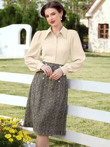 Vintamour Women's Solid Color Front Button Elegant Office Long Sleeve Shirt - Khaki - View 6