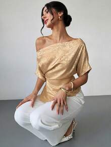 Firerie Women's Elegant Sophisticated Urban Chic Off-Shoulder Asymmetric Hem Metallic Coated Gold Blouse,Summer Top For Seductive Party Night Valentine's Day - Khaki - View 4