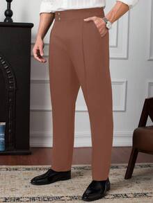 Manfinity Homme Men's Solid Color Minimalist Daily High-Waist Suit Pants For Ceremony - Coffee Brown - View 6