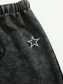 Girls' New Black Washed Loose Knit Denim Jeans, Featuring Five-Pointed Star Embroidery Design. Elastic Waistband With Drawstring Decor. Made Of Lightweight Soft Cotton Denim, A Must-Have Fashionable Item For Girls. Suitable For Spring/Summer Wear, Casual, OOTD, Outing, Party. 2026 Summer New Arrival.Everyday Casual Young Girls Black Long Denim Jeans With Pockets And Star Detail Straight - Black - View 5