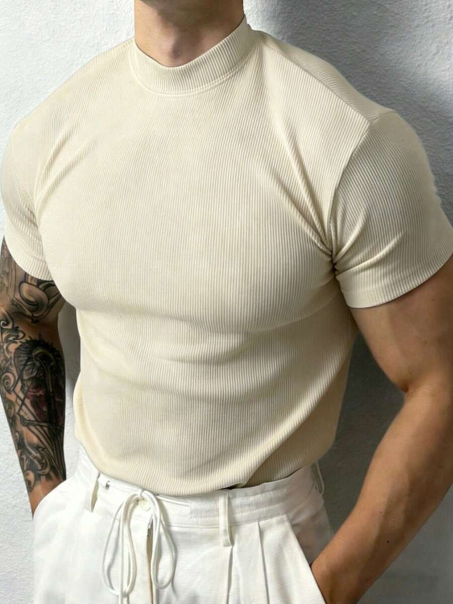 GymBeat Men's Casual Sports Ribbed Knit Mock Neck Short Sleeve T-Shirt, Gym - Beige - View 1