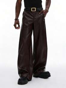 STYNVO Men's Fashionable Versatile Solid Color PU Wide Leg Pants, Suitable For Commuting - Coffee Brown - View 4