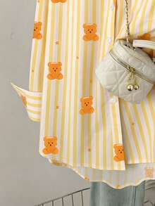 INAWLY Women's Casual Striped Bear Print Shirt - Yellow - View 4
