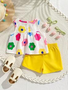 SHEIN Playful Pals 女婴白色纯色提花无袖褶皱露脐上衣，饰以彩色波点印花，搭配粉色松紧腰短裤，舒适优雅的法式乡村风春夏度假装扮 - 黃色 - 查看 2